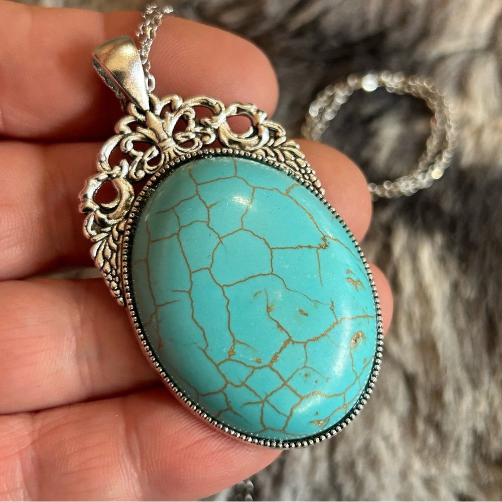 Handcrafted turquoise dyed howlite cabochon stone pendant on chain necklace